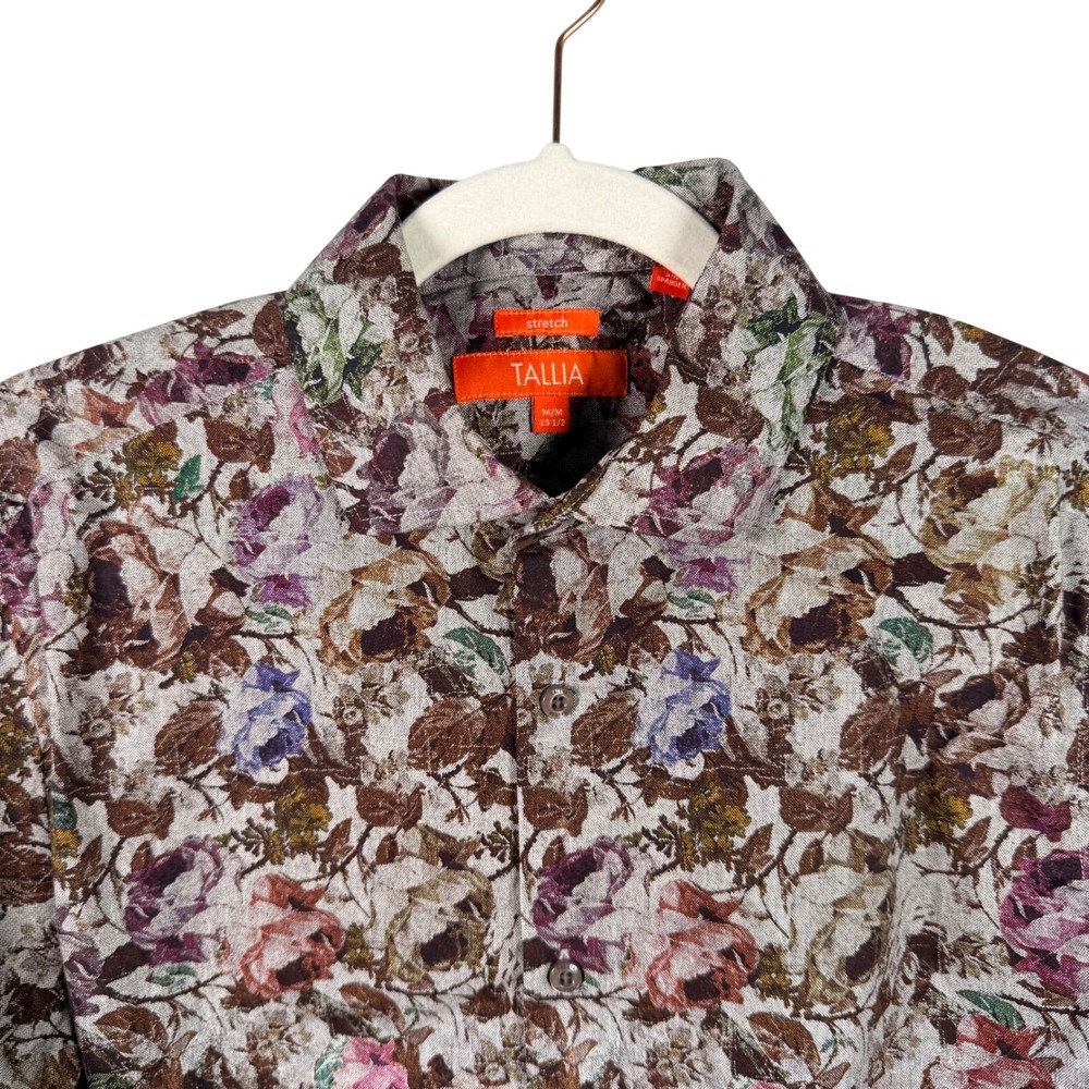 Tallia Mens Floral Print Stretch Long Sleeve Button Up Shirt M 15.5 Work Casual